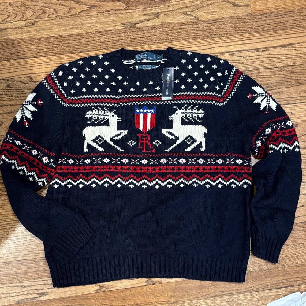 NWT Vintage Polo by Ralph Lauren Navy, Red & White Fair Isle Reindeer Crewneck